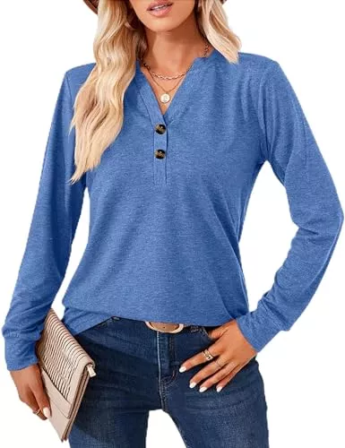 Heersan Langarmshirts Langarmshirt für Damen Elegant T-Shirt Casual V-Ausschnitt Einfarbig Pullover Langarm Oberteil Damen Henleyshirt Tuniken Basic Tops mit Dekorative Button (S-XXL)