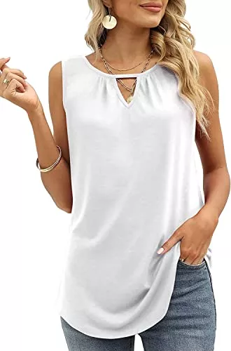 Cuptacc Tops Cuptacc Tank Top Damen Sommer 2024 Trendy Einfarbige Schlüsselloch V Ausschnitt Ärmellose Sexy Tops Lockere Tunika Shirt