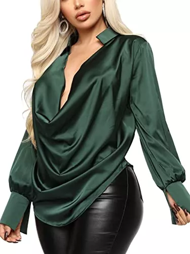 LYANER Langarmblusen LYANER Damen Satin Kragen Ausschnitt Drape Rüschen Front Langarm Bluse Shirt Top