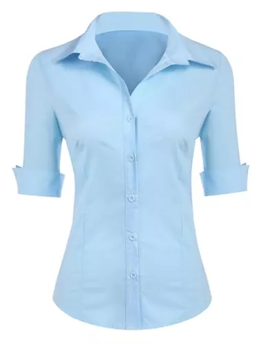 Zeagoo Langarmblusen Zeagoo Bluse Damen 3/4 Ärmel/Kurzarm Slim Fit Baumwolle Hemdbluse Basic Shirt mit Knopleiste Oberteile V-Ausschnitt Tops XS-XXL