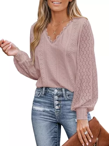 CUPSHE Langarmblusen CUPSHE Damen Blusen mit V Ausschnitt, überbackener Spitze, Lange Spitzenärmel, gebänderte Manschetten, schickes, Elegantes Hemd, Weiß