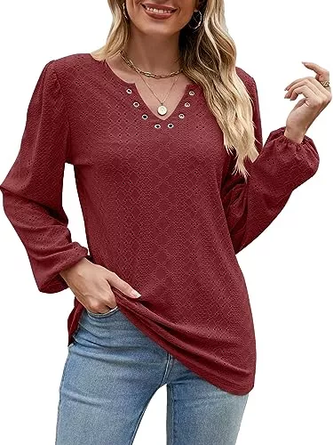 BAISHENGGT Langarmblusen BAISHENGGT Frühlingsbaum im Dorf Blusen Tuniken für Damen Eyelet Deko V-Ausschnitt Ausgehöhlte Elegant Puffärmel Freizeit Party Langarmshirt