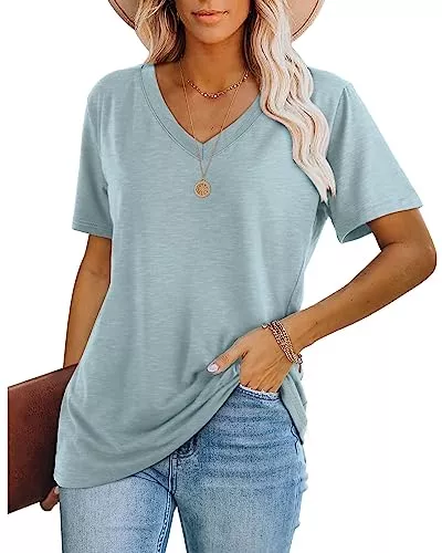 WIHOLL T-Shirts WIHOLL T-Shirt Tops Damen mit V-Ausschnitt Kurzarm