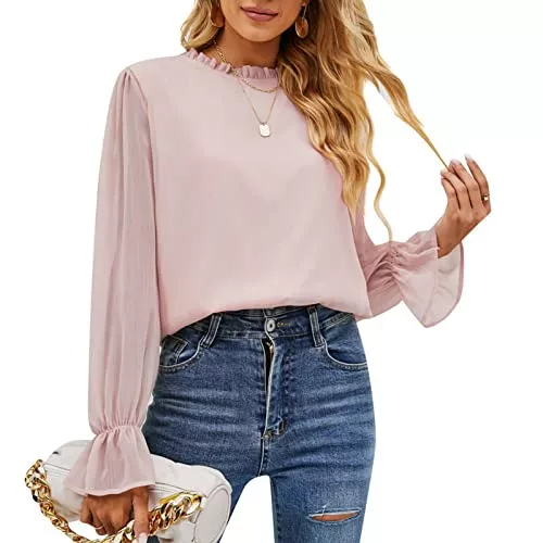 Cocoarm Langarmblusen Damen Elegant Bluse Pullover Plissee Kragenkante Langarm T-Shirt Tops Casual Oberteile Einfarbig Doppelschicht Hemd Shirt Tunika mit Lange Trompetenärmel Freizeitbluse Hemdbluse Frühling Herbst