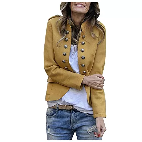 Generic Blazer Damen Blazer Elegant Anzugjacke Mantel mit Knopfleiste Military Blazer Lang Slim Fit Freizeit Stehkragen Business Büro Anzug Jacken