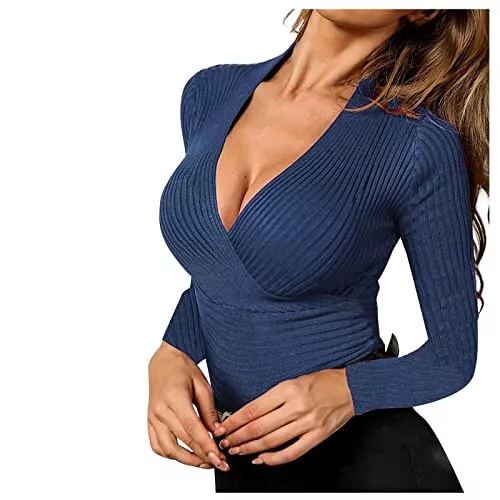 QHDDP Langarmblusen QHDDP rosa blusen Damenmode Casual Slim Solid Color V-Ausschnitt Strick Langarm T-Shirt Top Basic Langarmshirt Damen