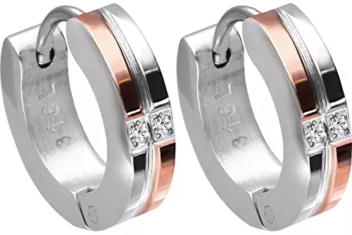 FILANGO Schmuck FILANGO 1 Paar Chirurgenstahl Creolen ZWEI KRISTALLE | silberfarben/roségoldfarben | klein und fein | Durchmesser 9 mm | Schmuck Ohrringe