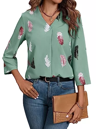 GORGLITTER Langarmblusen GORGLITTER Elegante Bluse Damen V Ausschnitt Bluse Blusenshirt 3/4 Arm Elegant Bluse Mit Knöpfen Dreiviertelarm Oberteil Mit Federn