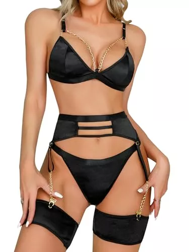popiv Unterwäsche & Dessous popiv Damen Fischnetz Dessous Sexy Set Spitze BH und Panty Sets mit Strumpfgürtel 4 Stück