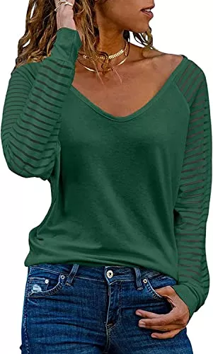 Dokotoo Langarmblusen Dokotoo Damen Oberteile Streifen Mesh Langarmshirt Casual V-Ausschnitt Bluse Shirt Tops S-XXL