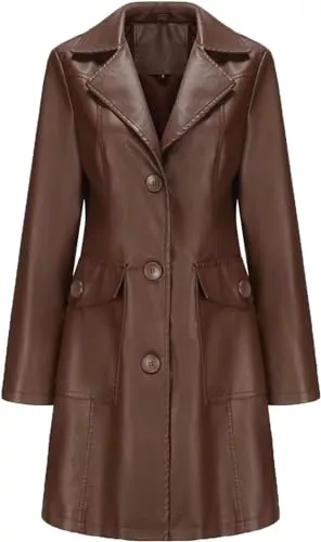 Youning Jacken Youning Lederjacke Damen Lang Kunstleder Jacken Mantel mit Knöpfleiste Langarm Revers Kunstledermantel Herbstjacke Übergangsjacke Lange PU Leder Trenchcoat Eleganter Lange Coat für Frauen mit Taschen