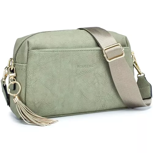 Roulens Taschen & Rucksäcke Roulens Damen Handy Umhängetasche,Veganem Leder Crossbody Schultertasche,Breiter Riemen Abendtasche mit drei Reißverschlussfächern Handtaschemit mit Kartenschlitz Verstellbar Abnehmbar Schultergurt