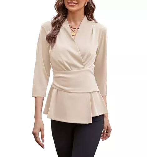 GRACE KARIN Langarmblusen GRACE KARIN Damen Elegant Blusen 3/4 Ärmel Wickelbluse Oberteile V-Ausschnitt Slim Fit Hemdbluse Arbeit Business Top Tunika