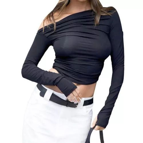 Bcenoilua Langarmblusen Bcenoilua Langarmshirt Tunika für Damen Sexy Schulterfrei Y2k Crop Top Einfarbig Slim Fitted Plissee Tee Shirt Oberteile Trendy Casual Basic Streetwear T-Shirt