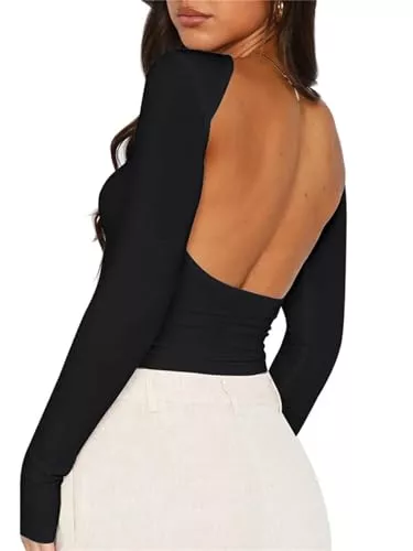 FOFAINWE Langarmshirts FOFAINWE Frauen Sexy Rückenfrei Langarm T Shirt Slim Fit Rundhalsausschnitt Sommer Casual Y2K Crop Top