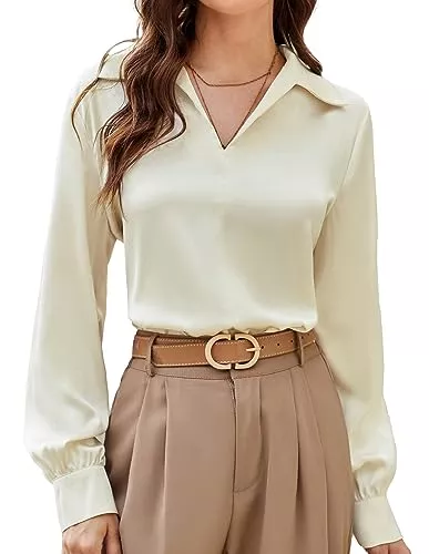 GRACE KARIN Langarmblusen GRACE KARIN Damen Bluse Elegant Langarm Satin Oberteil Casual V-Ausschnitt Hemd Lose Reverskragen Shirt