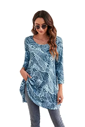 Enmain Langarmblusen Enmain Damen Tunika Shirt Langarm/Kurzarm Bluse Tunika Blumen Longshirt Casual Elegante 3/4 Ärmel Rundhals Longline Bluse Tunika Tops für Damen S-3XL
