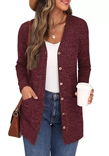 GRECERELLE Strickjacken GRECERELLE Damen Leichte Strickjacke Lang mit Taschen und Knöpfen Long Elegant Cardigan V-Ausschnitt Knopfleiste mit Taschen für Damen