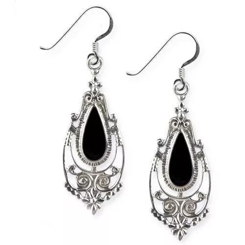 Toms-Silver Schmuck Ohrringe Victorian Gothic 925 Sterling Silber mit schwarzem Onyx Länge 3,5cm