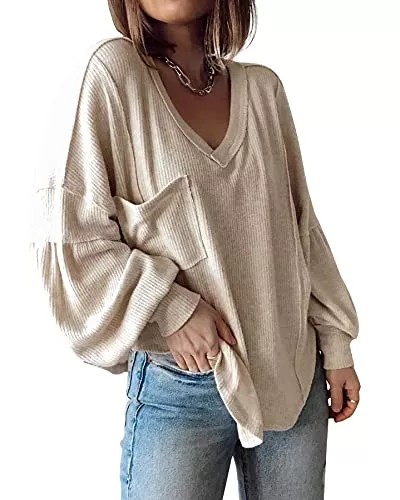 Cuptacc Pullover & Strickmode Cuptacc Sweatshirt Damen Langarm Strick Shirts Oversized Tops Lose Casual V Ausschnitt Pullover Damen Tunika Mit Taschen