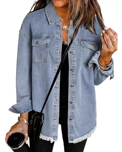 Vetinee Jacken Vetinee Jean Jacke ausgefranste Saum Knopf unten Distressed Frauen Denim Jacke Trucker Jacke