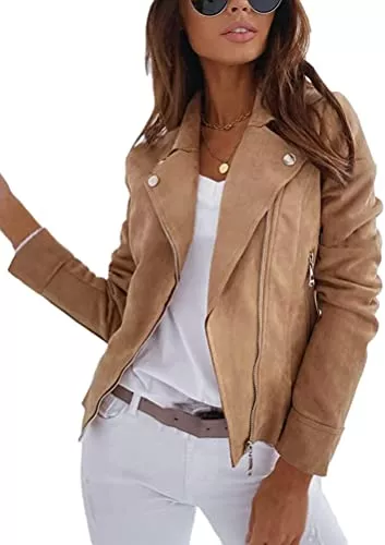 Youning Jacken Youning Damen Jacke Kurz Übergangsjacke Moto Bikerjacke Herbst Frühling Leicht Jacken Sommerjacke Reverskragen Langarm Boyfriend Kurze Mantel mit Reißverschluss