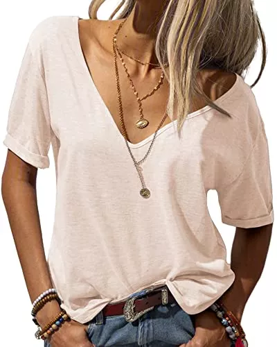 Tankaneo T-Shirts Tankaneo Damen Mode tiefer V-Ausschnitt Kurzarm Tops Solide Lässiges Lose Basic Sommer T Shirt