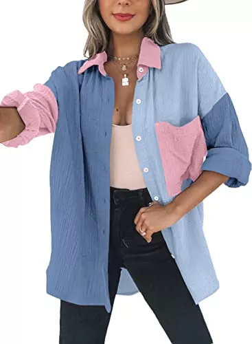 Dokotoo Langarmblusen Dokotoo Bluse Damen Musselin Langarmshirt Baumwolle Lässig Oberteile Hemd Langarm Farbblock Shirts Einfarbig Tops Hemdjacke S-XXL