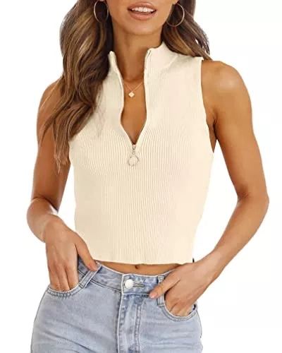 Saodimallsu Pullover & Strickmode Saodimallsu Damen Reißverschluss Stricken Tops Sexy Stehkragen Ärmellos Shirts Frauen Sommer Gestrickt Pullover