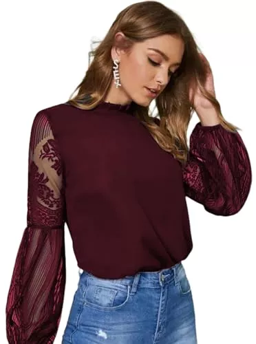 Sofia's Choice Langarmblusen Sofia's ChoiceDamen Blusen Elegant Spitze Langarm Oberteil Rundhals Durchsichtig Ärmel Top