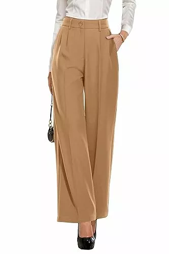 PrinStory Hosen PrinStory Damen Hose Mit Weitem Bein Leichte Elastische Taille Sommer Hose Mit Taschen Kausale Büro Business Hosen