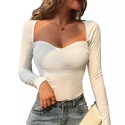TOEECY Langarmshirts TOEECY Damen Strick Langarmshirt Sexy Quadratischer Enges Oberteil Mode Stretchy Rippshirt Casual Basic Pullover Slim Fit Langarm Crop T-Shirt Solid Lässig Langarm Top Bluse