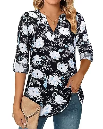 Amrto Langarmblusen Amrto Longbluse Damen 3/4 Ärmel Bluse Damen V-Ausschnitt Tunika Elegant Langarm Blusen Festliche Oberteile Casual Langarmshirt Lässig Hemdbluse Damen Tops Longshirt, M-XXL