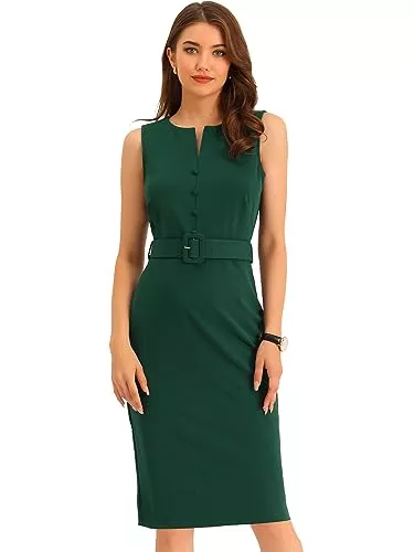Allegra K Business Allegra K Damen Ärmellos Rundhals Elegante Arbeitskleider Figurbetontes Gürtel Etuikleid