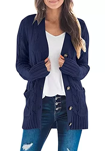 ZIYYOOHY Strickjacken ZIYYOOHY Damen Strickjacke Lang Cardigan Langarm Open Front Button Down Strickpullover Mantel Strickmantel mit Tasche