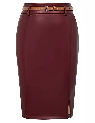 Kate Kasin Röcke Kate Kasin Damen Bustier-Rock Mittellang PU-Stoff Vorne Links Geteilt Mit Gürtel Geeignet Für Hochzeit Arbeit, Büro