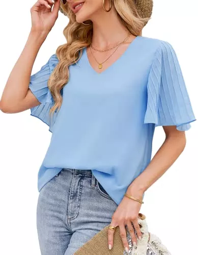 Odosalii Kurzarmblusen Odosalii Damen Oberteile V Ausschnitt Laternenärmel Chiffon Bluse Lässige Elegant Lose Einfarbig Shirt Tunika Tops