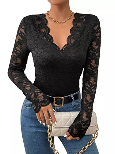 GORGLITTER Langarmblusen GORGLITTER Damen Body Spitzen Bodysuit Durchsichtig Oberteil Spitzenbody Schmal T-Shirt Party Bodys mit Bogenkante V-Ausschnitt