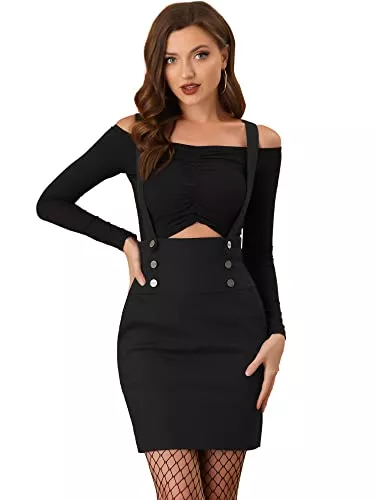 Allegra K Röcke Allegra K Damen Latzrock Abnehmbarer Verstellbarer Träger Knöpfen Hohe Taille Bleistiftrock Rock