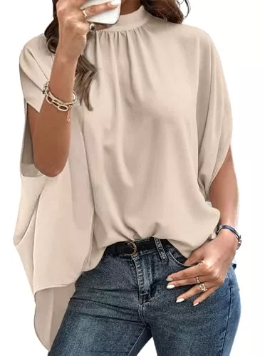 Sofia's Choice Kurzarmblusen Sofia's Choice Frauen Elegante Chiffon Blusen Loose Fit Half Sleeve Mock Neck Bluse Tops