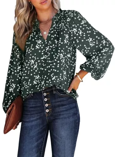 Dokotoo Langarmblusen Dokotoo Damen Bluse Elegant V-Ausschnitt Chiffonbluse Blumen Langarm Locker Oberteile Tunika Tops S-XXL
