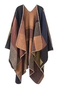 EXCHIC Strickjacken Damen Vintage Farbblocking Schal Wrap Open Front Poncho Übergroße Winterdecke Elegant Cape Coat