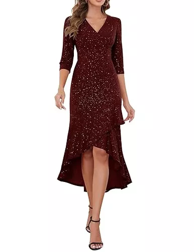 Berylove Abendkleider Berylove Abendkleid Elegant 3/4 Ärmel Fischschwanzkleid Glitzer V Ausschnitt Kleid Festlich für Winter Weihnachten Silvester