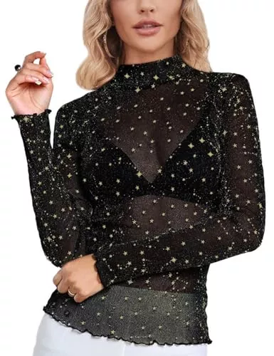 SEBOWEL Langarmblusen SEBOWEL Damen Mesh Oberteile Transparentes Durchsichtige Tops Sexy Langarmshirt Bluse Tunika