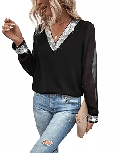 GORGLITTER Langarmblusen GORGLITTER Damen Elegant Langarm Bluse mit Kontrast Pailletten Oberteil Mesh Ärmel Tunika Langarmshirts Office Chiffon Blusen