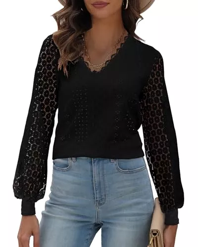 Hount Langarmblusen Hount Bluse Damen Spitzen Oberteile Elegant V Ausschnitt Blusen Tunika Laternenärmeln Locker Langarmshirt