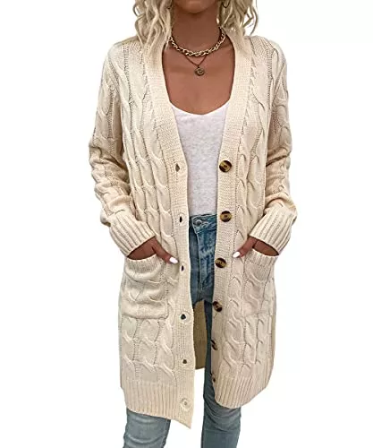 Alleen Strickjacken Alleen Damen Strickjacke Lang mit Knöpfen Herbst Strickpullover Jacke Langarm Cardigan mit Taschen