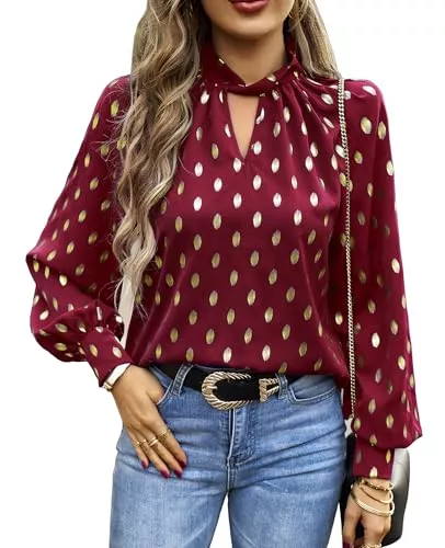 BAISHENGGT Langarmblusen BAISHENGGT Mobius's Sternenhimmel Blusen Tuniken Damen Elegant Chiffon Stehkragen Puffärmel Gold Hot Stamping Dating Party Bluse Oberteile