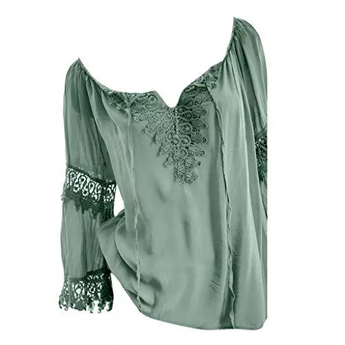 Yowablo Langarmblusen Damen Langarmshirt V Falten T-Shirt Tunika Top Hemd aus der Schulter Baumwolle Leinen Spitze Frenulum Langarm