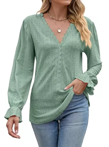 Sofia's Choice Langarmblusen Sofia's Choice Damen Öse V-Ausschnitt Rüschen Top Spitze Elegante Langarm Bluse